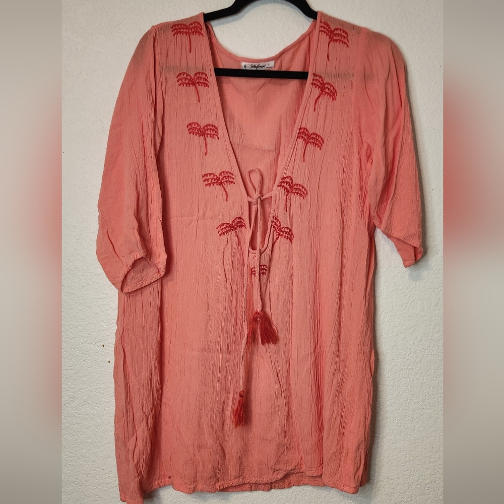 Saltylemon Swim Cover-up, Coral Palm Trees Embroidered on Front, Size L‎